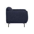 Side view of Livia Navy Blue Firm Accent Chair with deep toned Linsey fabric and slender black metal legs.
