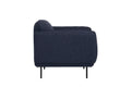 Side view of Livia Navy Blue Firm Accent Chair with deep toned Linsey fabric and slender black metal legs.