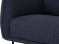 Close-up of Livia Navy Blue Firm Accent Chair with deep Linsey fabric and slender black metal legs, showcasing its contemporary design.
