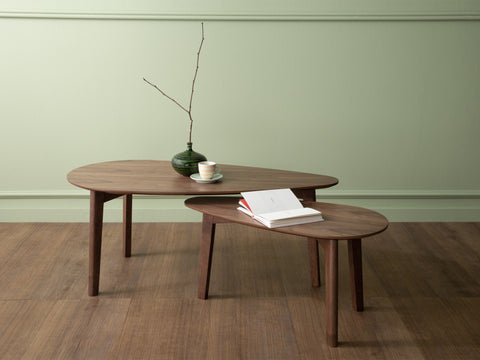 Lorenzo Nesting Coffee Tables Set of 2 with walnut veneer tops in a modern living room setting.