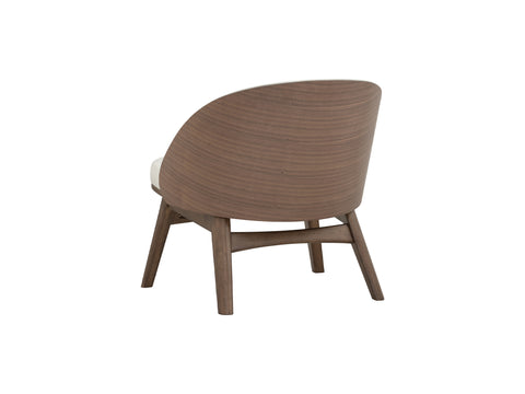 Lucca Modern Barrel Armless Chair with chestnut wood frame and cream upholstery, showcasing mid-century design elegance from a back view.