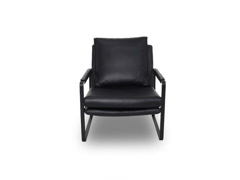 Luna Modern Leather Black Accent Chair with sleek design and premium semi-aniline leather upholstery front angle..