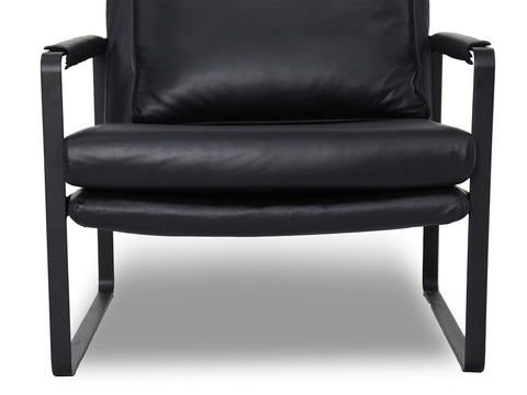 Luna Modern Leather Black Accent Chair with sleek design and premium semi-aniline leather upholstery mid feature shot.