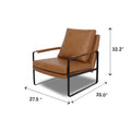Luna Modern Leather Tan Accent Chair shown with dimensions 27.5"W x 35"D x 32.2"H, featuring premium tan leather and metal frame.