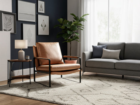 Luna Modern Leather Tan Accent Chair in a cozy living room setting with a lamp and grey sofa.