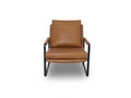 Luna Modern Leather Tan Accent Chair front angle with sleek design and premium semi-aniline leather upholstery.