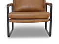Luna Modern Leather Tan Accent Chair detail shot showing sleek tan leather upholstery and minimalist black frame.