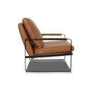 Luna Modern Leather Tan Accent Chair side angle with sleek design and premium semi-aniline leather upholstery.