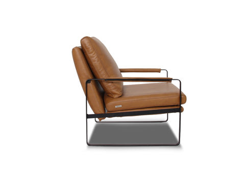 Luna Modern Leather Tan Accent Chair side angle with sleek design and premium semi-aniline leather upholstery.