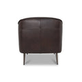 Back view of Lusso Vintage brown leather lounge chair featuring a sleek design and slender metal legs.