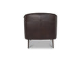 Back view of Lusso Vintage brown leather lounge chair featuring a sleek design and slender metal legs.