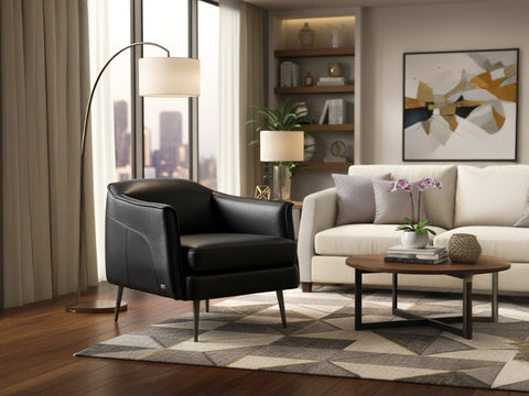 Lusso vintage black leather lounge chair in a stylish living room with modern decor and warm lighting.