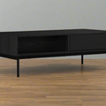 Marcello Black Rectangular Coffee Table with oak veneer, open shelf, and drawer on slim iron legs.