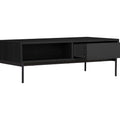 Marcello Black Rectangular Coffee Table with oak veneer, open shelf, storage drawer, and slim iron legs for modern living rooms.