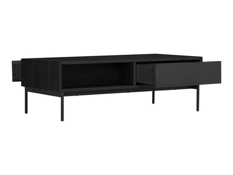 Marcello Black Rectangular Coffee Table with oak veneer, open shelf, storage drawer, and slim iron legs for modern living rooms.