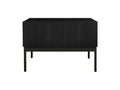 Marcello Black Rectangular Coffee Table with oak veneer finish, open shelf, and drawer, elevated on iron legs for modern living spaces.