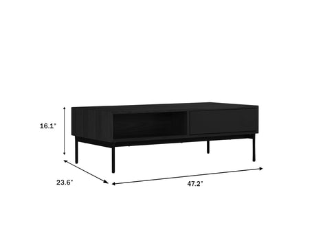Marcello Black Rectangular Coffee Table with dimensions showing sleek design and storage features.