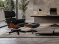 Meseo Black Leather Lounge Chair and Ottoman in a modern office setting, featuring elegant design and luxurious comfort.