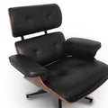 Meseo Black Leather Lounge Chair and Ottoman featuring sleek black leather upholstery and mid-century design.