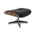 Meseo Black Leather Lounge Chair and Ottoman ottoman with sleek black design and wooden accents on a modern base.