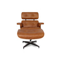Meseo Cognac Lounge Chair and Ottoman in vintage-inspired semi-aniline cognac leather, showcasing mid-century modern luxury design.