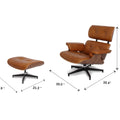 Meseo Cognac Lounge Chair and Ottoman in mid-century modern design with dimensions shown, upholstered in semi-aniline cognac leather.