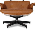 Meseo Cognac Lounge Chair and Ottoman in vintage-inspired semi-aniline leather, showcasing mid-century modern luxury and comfort.