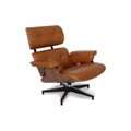 Meseo Cognac Lounge Chair and Ottoman in vintage cognac leather, showcasing mid-century modern luxury and comfort.
