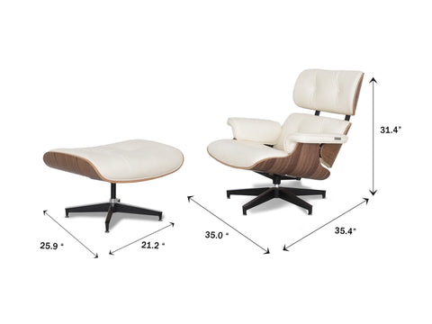 Meseo Cream Leather Lounge Chair and Ottoman with dimensions for style and comfort.