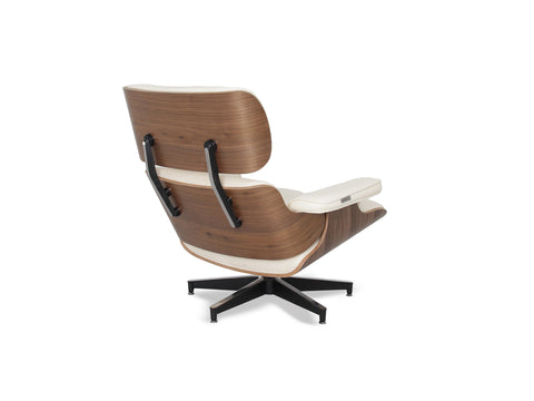 Meseo Cream Leather Lounge Chair and Ottoman view from the back showcasing the elegant design and materials