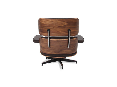 Back view of Meseo Dark Chocolate Leather Lounge Chair and Ottoman with walnut-colored eucalyptus veneer and swivel base.
