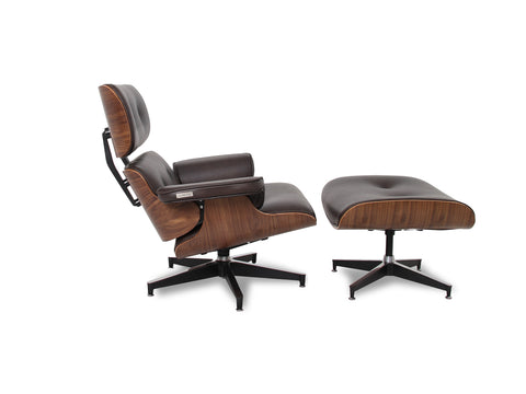 Meseo Dark Chocolate Leather Lounge Chair and Ottoman with walnut veneer and aluminum base