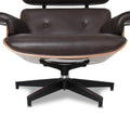 Front view of Meseo Dark Chocolate Leather Lounge Chair and Ottoman with aluminum alloy base.