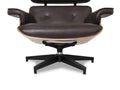 Front view of Meseo Dark Chocolate Leather Lounge Chair and Ottoman with aluminum alloy base.