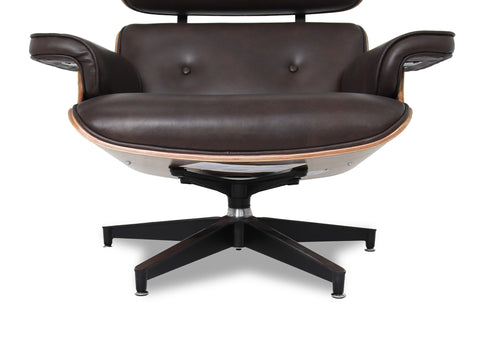 Front view of Meseo Dark Chocolate Leather Lounge Chair and Ottoman with aluminum alloy base.