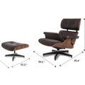 Meseo Dark Chocolate Leather Lounge Chair and Ottoman with dimensions, featuring mid-century modern design and walnut-colored veneer.