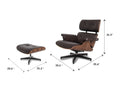 Meseo Dark Chocolate Leather Lounge Chair and Ottoman with dimensions, featuring mid-century modern design and walnut-colored veneer.