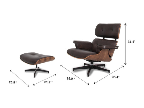 Meseo Dark Chocolate Leather Lounge Chair and Ottoman with dimensions, featuring mid-century modern design and walnut-colored veneer.