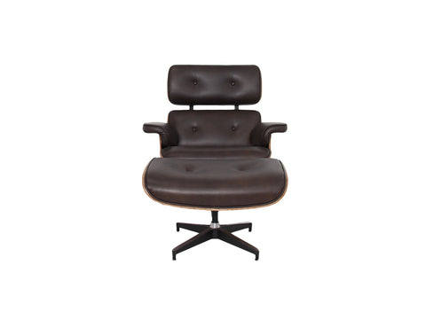 Meseo Dark Chocolate Leather Lounge Chair and Ottoman with mid-century modern design and luxurious semi-aniline leather upholstery.