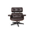 Meseo Dark Chocolate Leather Lounge Chair with walnut veneer and aluminum base, showcasing mid-century modern design.