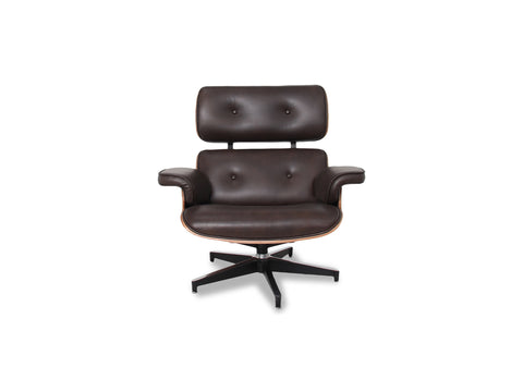 Meseo Dark Chocolate Leather Lounge Chair with walnut veneer and aluminum base, showcasing mid-century modern design.