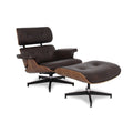 Meseo Dark Chocolate Leather Lounge Chair and Ottoman with walnut eucalyptus veneer and aluminum bases.