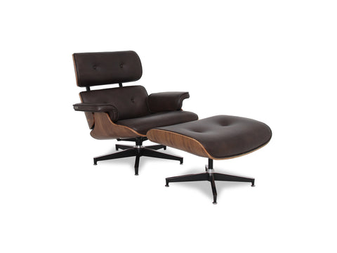 Meseo Dark Chocolate Leather Lounge Chair and Ottoman with walnut eucalyptus veneer and aluminum bases.