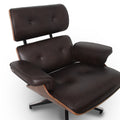 Meseo Dark Chocolate Leather Lounge Chair and Ottoman in mid-century modern design with walnut veneer and aluminum base.