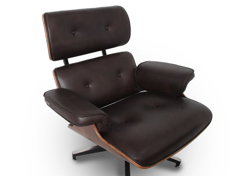 Meseo Dark Chocolate Leather Lounge Chair and Ottoman in mid-century modern design with walnut veneer and aluminum base.
