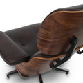Meseo Dark Chocolate Leather Lounge Chair and Ottoman with walnut wood finish and ergonomic design.