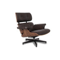 Meseo Dark Chocolate Leather Lounge Chair and Ottoman with wood finish and modern design.