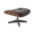 Meseo Dark Chocolate Leather Lounge Chair and Ottoman showing stylish ottoman with walnut-colored veneer and ergonomic swivel base.