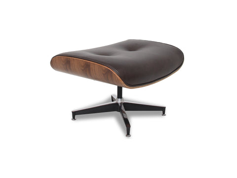 Meseo Dark Chocolate Leather Lounge Chair and Ottoman showing stylish ottoman with walnut-colored veneer and ergonomic swivel base.
