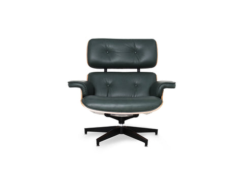 Meseo Royal Green Leather Lounge Chair and Ottoman front view, featuring a modern design and premium leather upholstery.